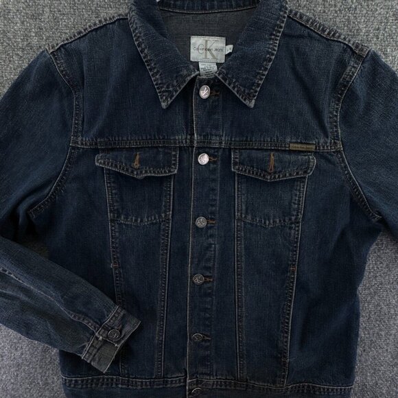Calvin Klein Large Blue Denim Button Up Jacket Cotton Adult Women Trucker Pocket - Picture 1 of 14